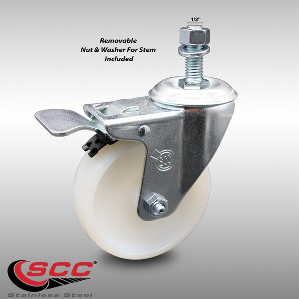 4 Inch SS Nylon Wheel Swivel 1/2 Inch Threaded Stem Caster with Total Lock Brake